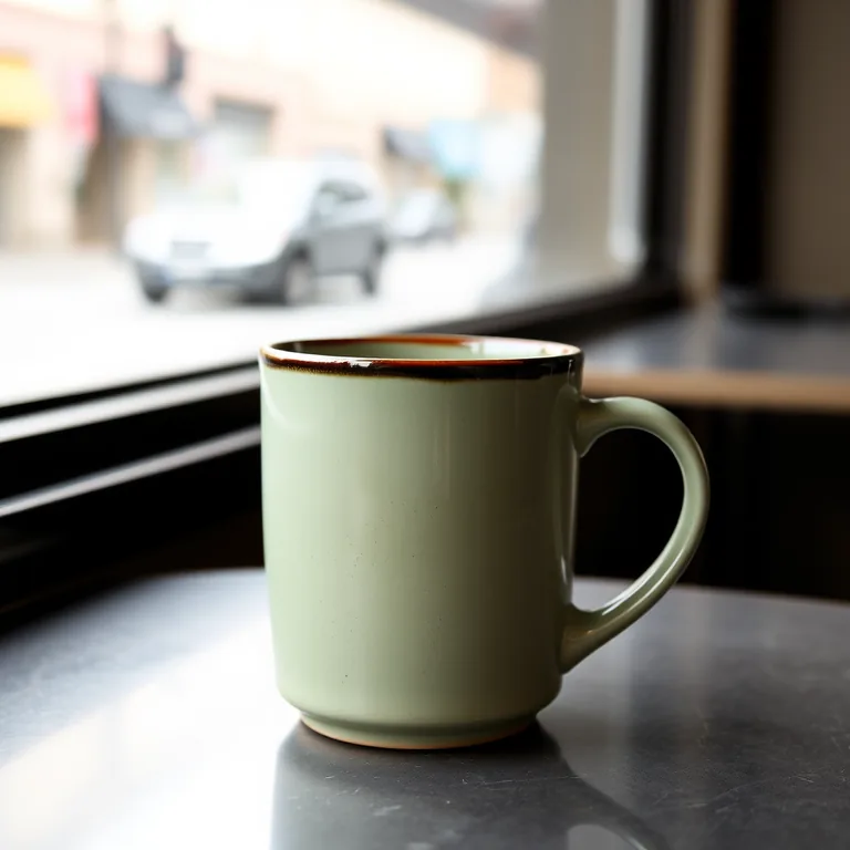AI-generated image: a matte sage-green ceramic coffee mug with a thin black rim on a cafe table by a window, blurred street outside, product photograph