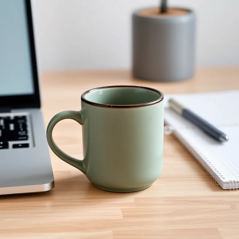 AI-generated image: a matte sage-green ceramic coffee mug with a thin black rim on an office desk beside a laptop and a notebook, product photograph