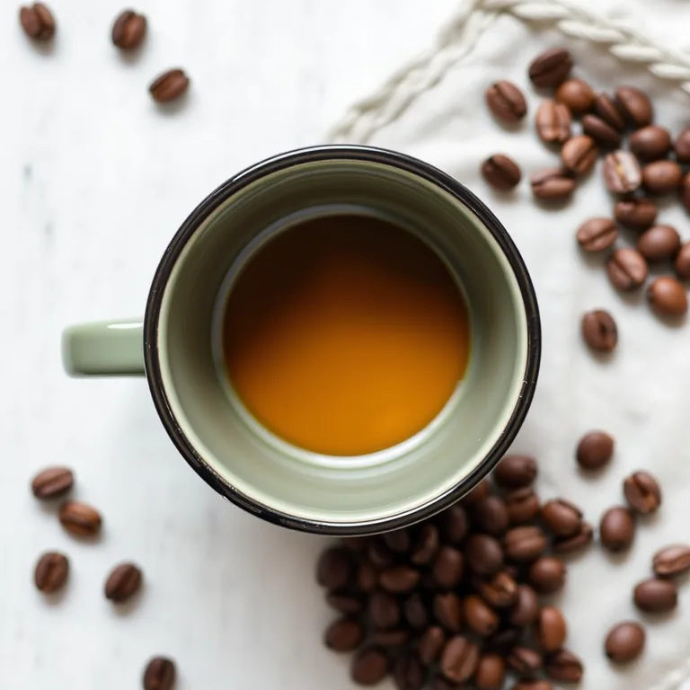 AI-generated image: a matte sage-green ceramic coffee mug with a thin black rim top-down flat lay with coffee beans and a linen napkin, product photograph