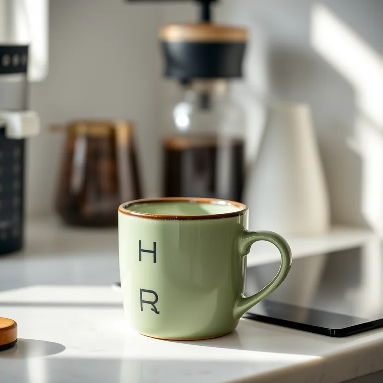 AI-generated image: a matte sage-green ceramic coffee mug with a thin black rim on a kitchen counter next to a coffee grinder, morning light, product photograph