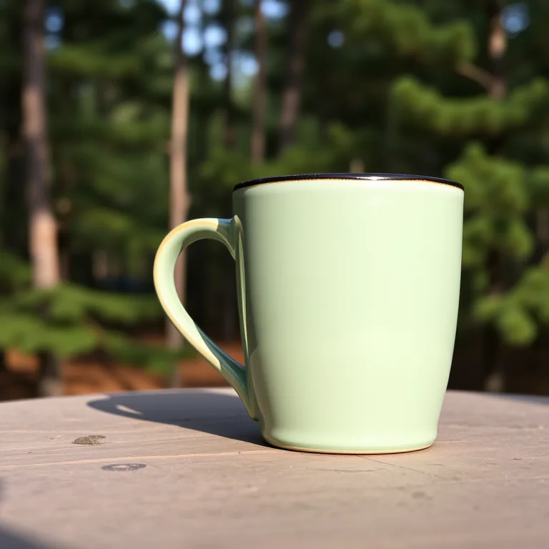 AI-generated image: a matte sage-green ceramic coffee mug with a thin black rim on a camping table outdoors, pine forest in the background, product photograph