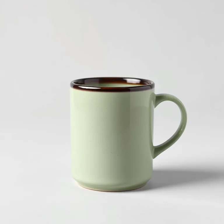 AI-generated image: a matte sage-green ceramic coffee mug with a thin black rim on a seamless light grey studio background, softbox lighting, product photograph